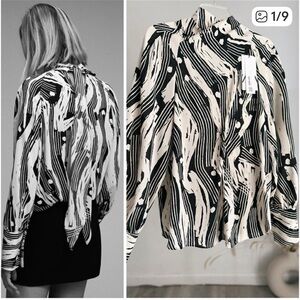 Zara Black White Blouse Tie New